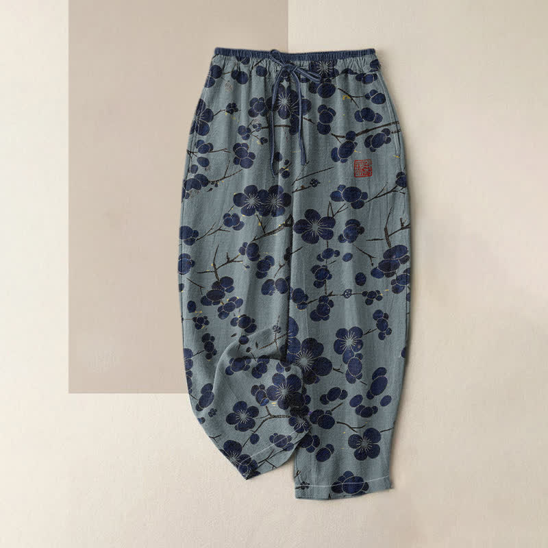 Buddha Stones Pure Cotton Indigo Blossom Pattern Women's Elastic Waist Pants With Pockets - LightSteelBlue - US16,UK/AU20,EU48 (3XL) - image 3