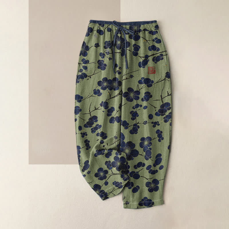 Buddha Stones Pure Cotton Indigo Blossom Pattern Women's Elastic Waist Pants With Pockets - OliveDrab - US16,UK/AU20,EU48 (3XL) - image 4