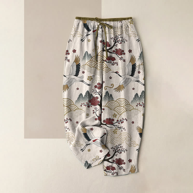 Buddha Stones Pure Cotton Graceful Crane and Plum Blossom Pattern Women's Elastic Waist Pants With Pockets - Ivory - US16,UK/AU20,EU48 (3XL) - image 0