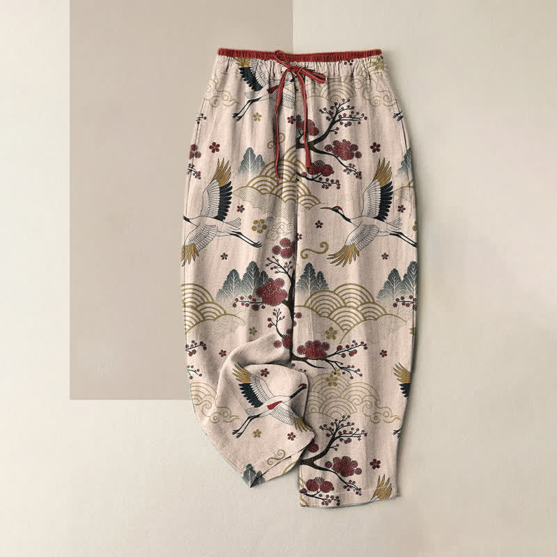 Buddha Stones Pure Cotton Graceful Crane and Plum Blossom Pattern Women's Elastic Waist Pants With Pockets - LavenderBlush - US16,UK/AU20,EU48 (3XL) - image 4