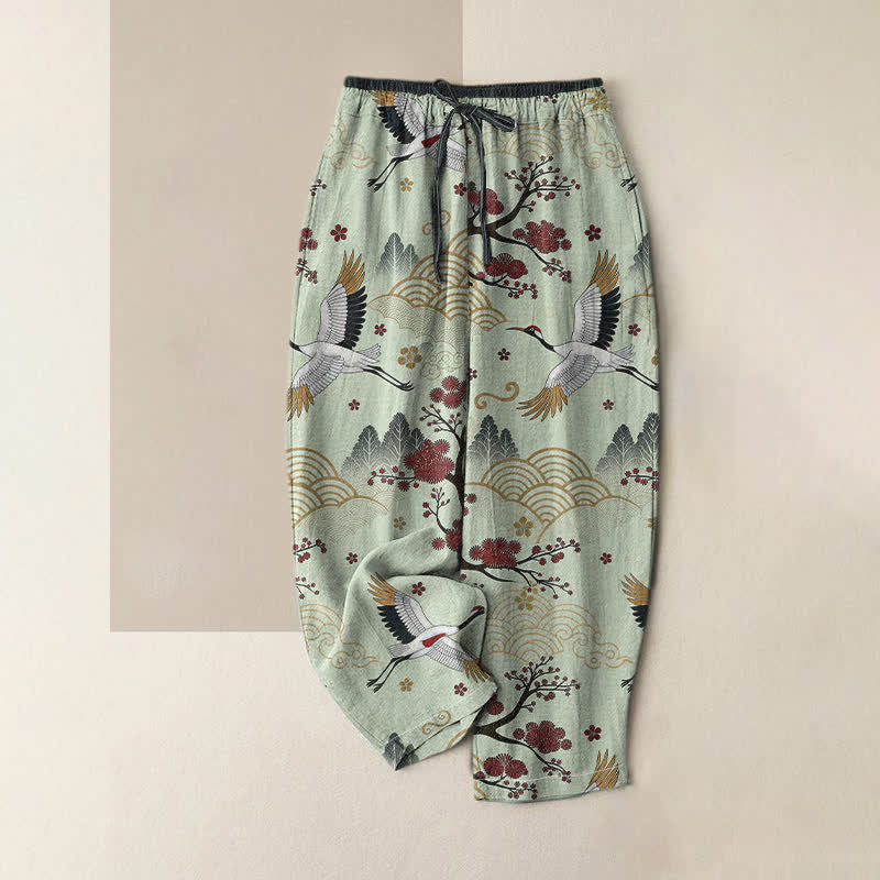 Buddha Stones Pure Cotton Graceful Crane and Plum Blossom Pattern Women's Elastic Waist Pants With Pockets - PaleGreen - US16,UK/AU20,EU48 (3XL) - image 3