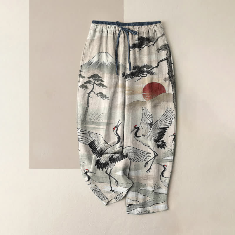 Buddha Stones Pure Cotton Crane Landscape Pattern Women's Elastic Waist Pants With Pockets - Ivory - US16,UK/AU20,EU48 (3XL) - image 0