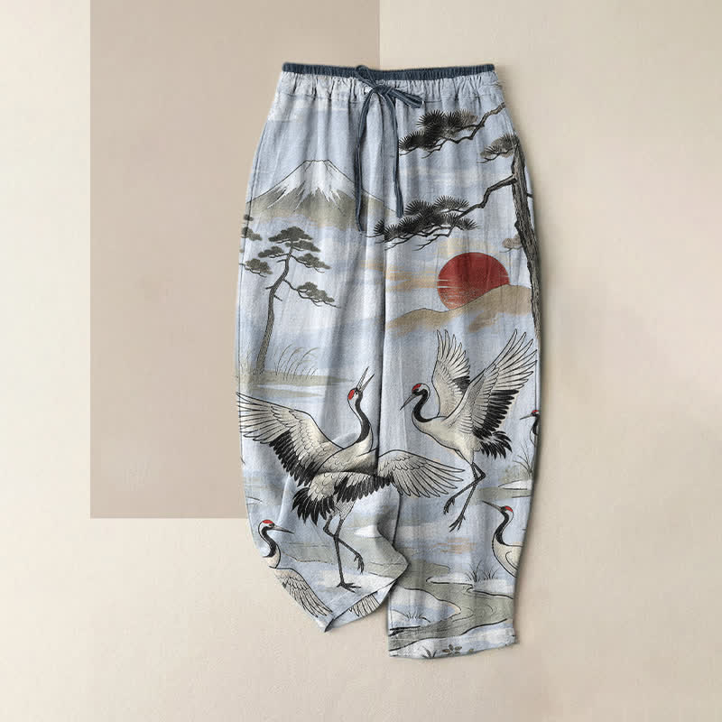 Buddha Stones Pure Cotton Crane Landscape Pattern Women's Elastic Waist Pants With Pockets - PowderBlue - US16,UK/AU20,EU48 (3XL) - image 3