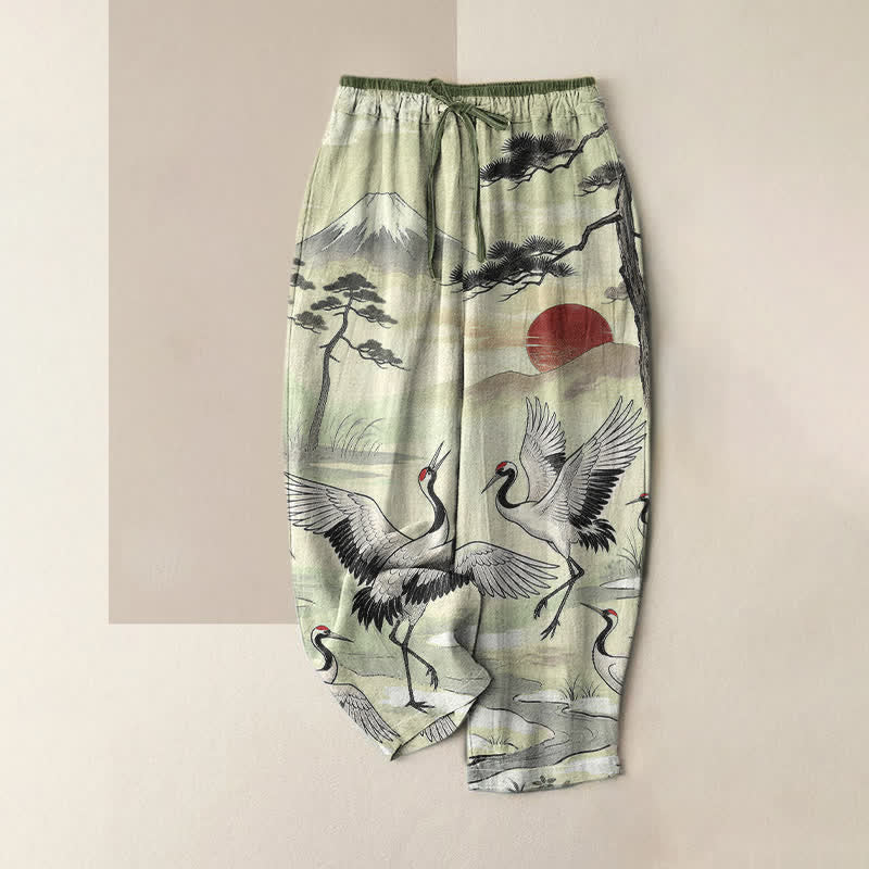 Buddha Stones Pure Cotton Crane Landscape Pattern Women's Elastic Waist Pants With Pockets - PaleGreen - US16,UK/AU20,EU48 (3XL) - image 4