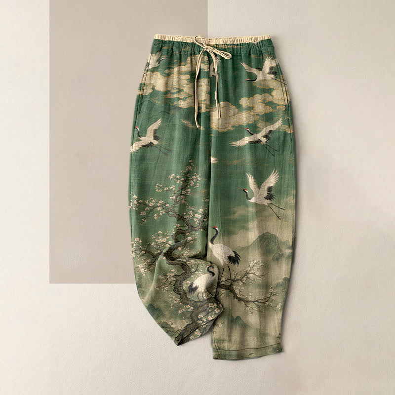 Buddha Stones Pure Cotton Elegant Crane Blossom Pattern Women's Elastic Waist Pants With Pockets - SeaGreen - US16,UK/AU20,EU48 (3XL) - image 0