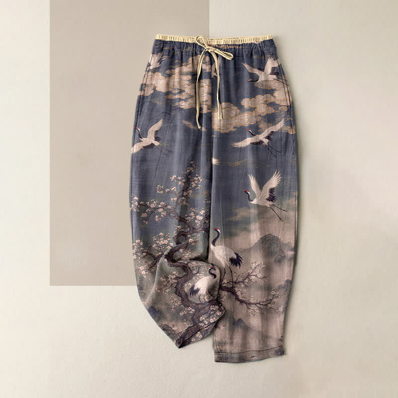 Buddha Stones Pure Cotton Elegant Crane Blossom Pattern Women's Elastic Waist Pants With Pockets - SlateGray - US16,UK/AU20,EU48 (3XL) - image 4