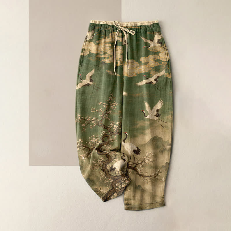 Buddha Stones Pure Cotton Elegant Crane Blossom Pattern Women's Elastic Waist Pants With Pockets - Olive - US16,UK/AU20,EU48 (3XL) - image 5