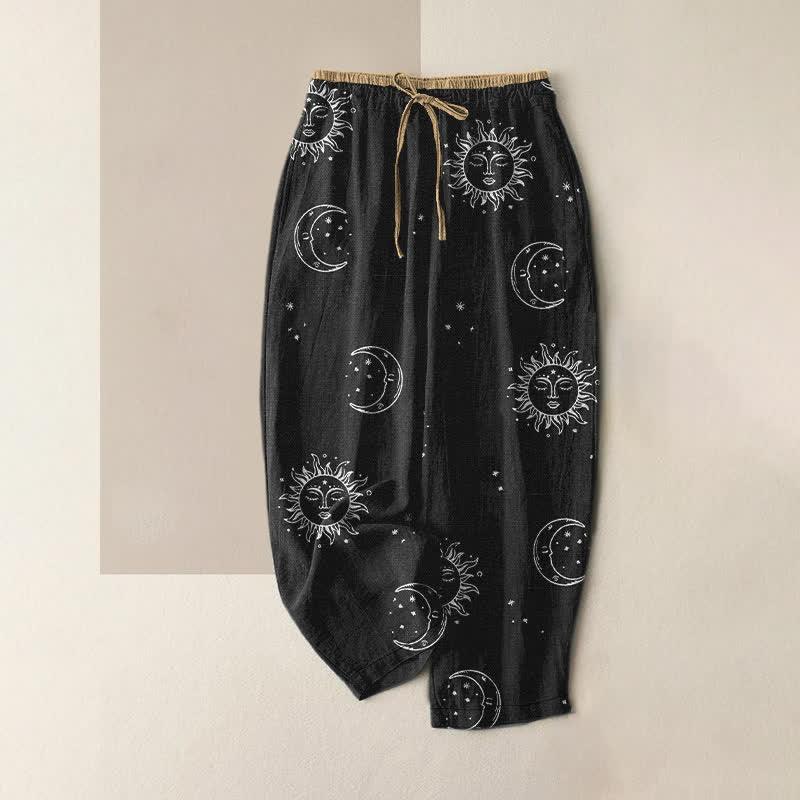Buddha Stones Pure Cotton Mystical Moon Sun Pattern Women's Elastic Waist Pants With Pockets - Black - US16,UK/AU20,EU48 (3XL) - image 0