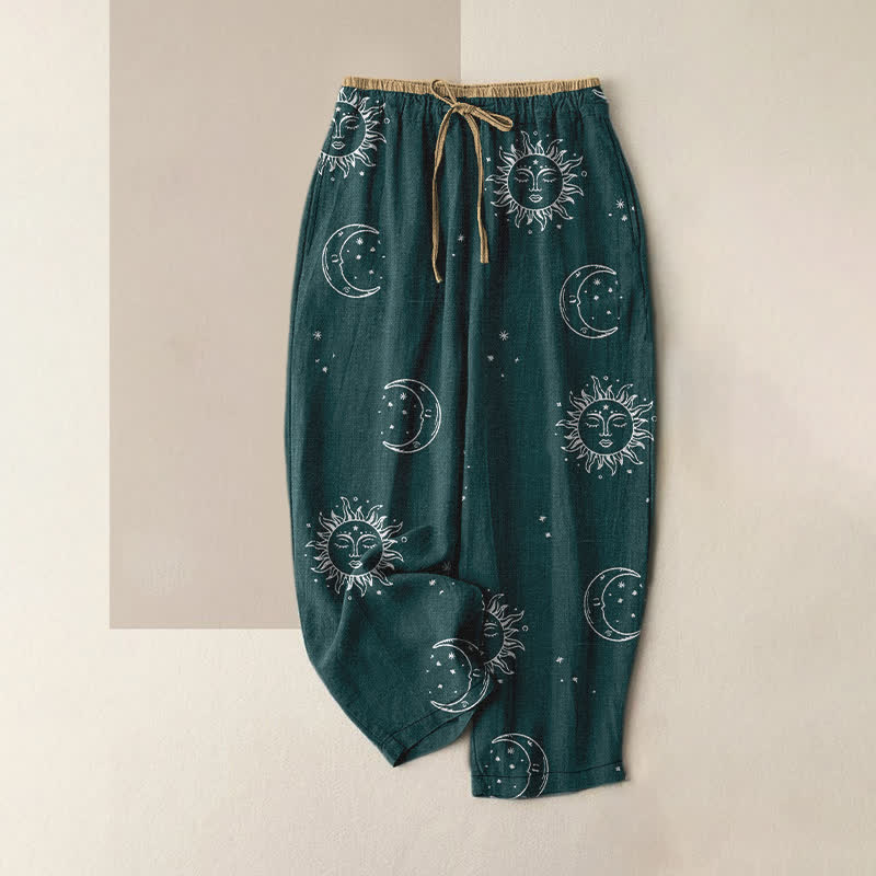 Buddha Stones Pure Cotton Mystical Moon Sun Pattern Women's Elastic Waist Pants With Pockets - Teal - US16,UK/AU20,EU48 (3XL) - image 5