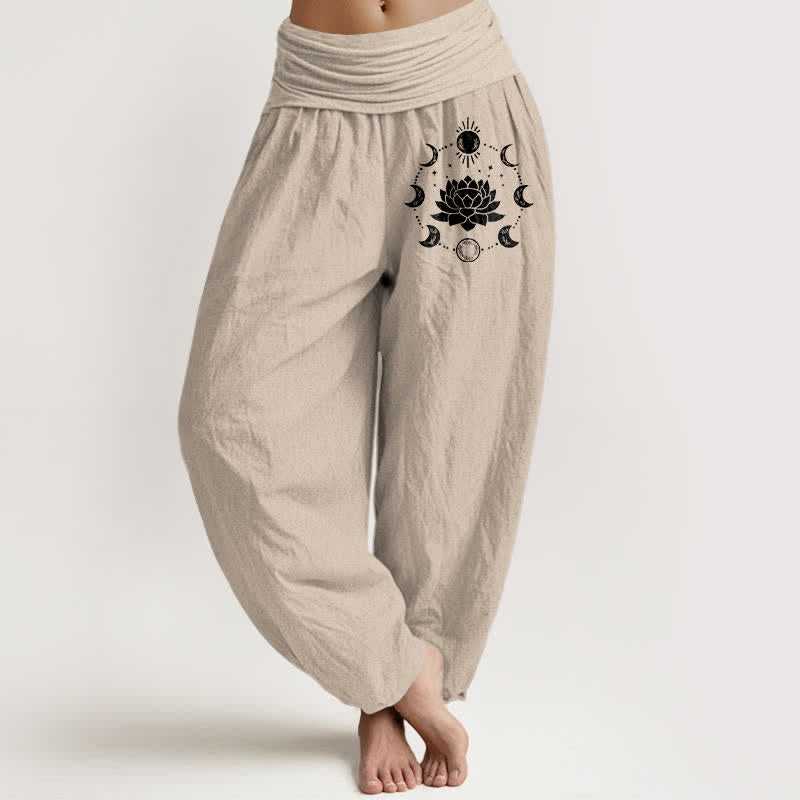Buddha Stones Pure Cotton Lotus Moon Phases Pattern Women's Elastic Waist Harem Pants - Tan - US16,UK/AU20,EU48 (3XL) - image 11
