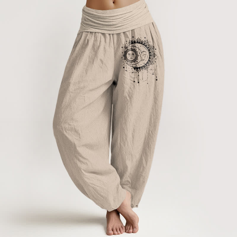 Buddha Stones Pure Cotton Celestial Sun Moon Pattern Women's Elastic Waist Harem Pants - Tan - US16,UK/AU20,EU48 (3XL) - image 11
