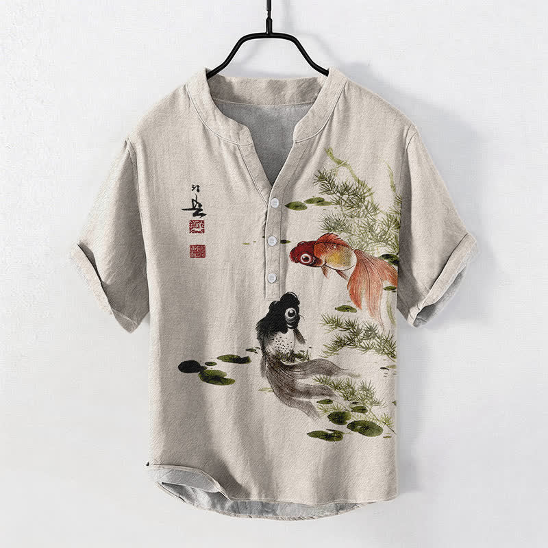Buddha Stones Cotton Twin Koi Lotus Leaf Pattern Men's Short Sleeve Half Button Shirt - Beige - US/UK/AU50,EU60 (5XL) - image 0