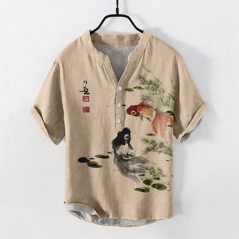 Buddha Stones Cotton Twin Koi Lotus Leaf Pattern Men's Short Sleeve Half Button Shirt - Wheat - US/UK/AU50,EU60 (5XL) - image 3