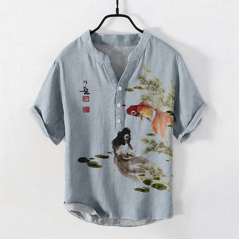 Buddha Stones Cotton Twin Koi Lotus Leaf Pattern Men's Short Sleeve Half Button Shirt - LightSteelBlue - US/UK/AU50,EU60 (5XL) - image 5