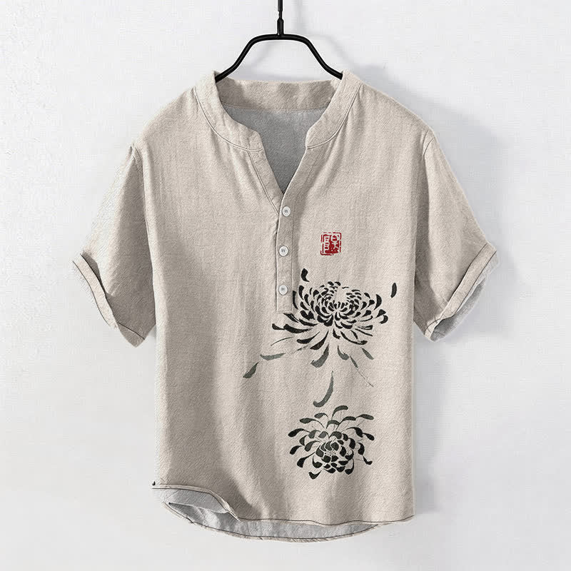 Buddha Stones Cotton Ink Chrysanthemum Seal Pattern Men's Short Sleeve Half Button Shirt - Linen - US/UK/AU50,EU60 (5XL) - image 0
