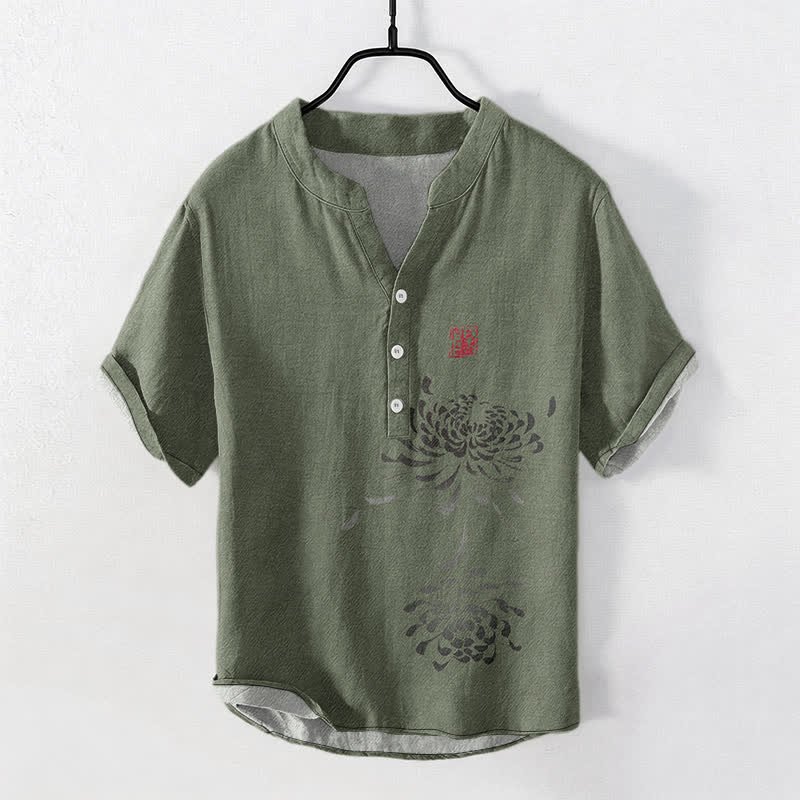 Buddha Stones Cotton Ink Chrysanthemum Seal Pattern Men's Short Sleeve Half Button Shirt - DarkOliveGreen - US/UK/AU50,EU60 (5XL) - image 5