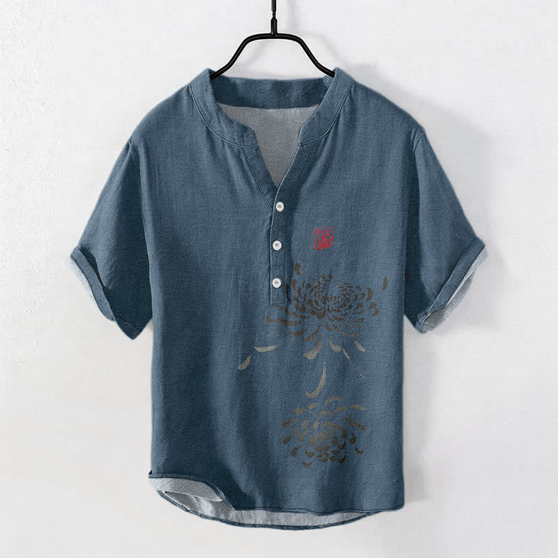 Buddha Stones Cotton Ink Chrysanthemum Seal Pattern Men's Short Sleeve Half Button Shirt - SteelBlue - US/UK/AU50,EU60 (5XL) - image 7
