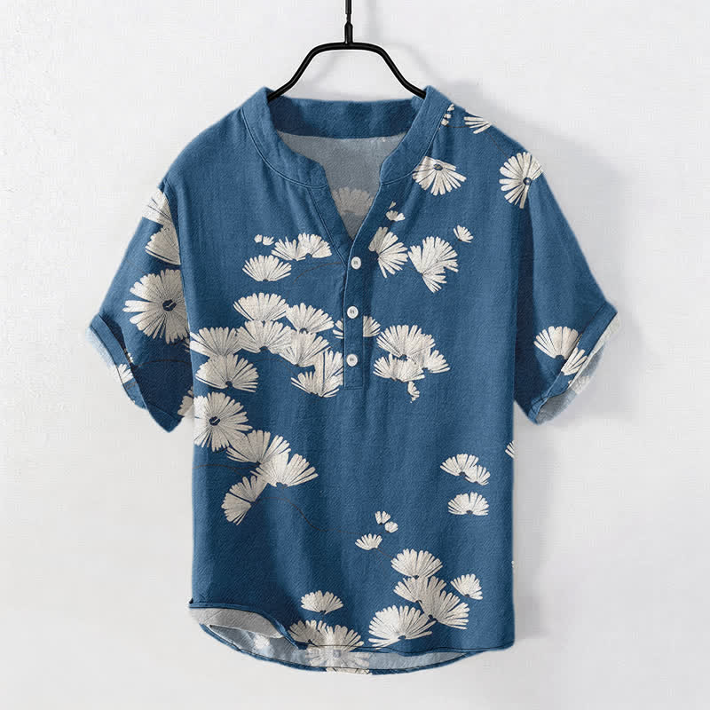 Buddha Stones Cotton White Daisy Pattern Men's Short Sleeve Half Button Shirt - RoyalBlue - US/UK/AU50,EU60 (5XL) - image 0