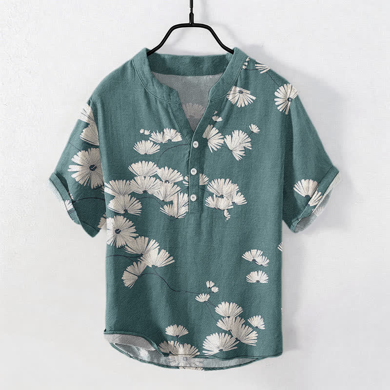 Buddha Stones Cotton White Daisy Pattern Men's Short Sleeve Half Button Shirt - Teal - US/UK/AU50,EU60 (5XL) - image 5