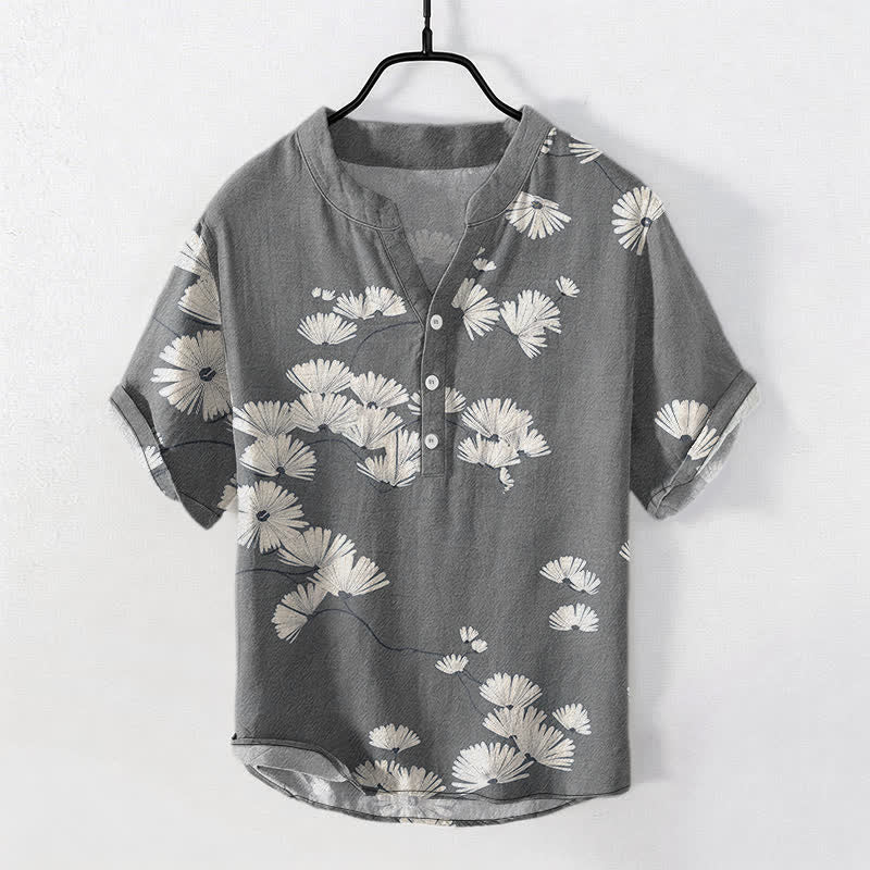 Buddha Stones Cotton White Daisy Pattern Men's Short Sleeve Half Button Shirt - Gray - US/UK/AU50,EU60 (5XL) - image 7