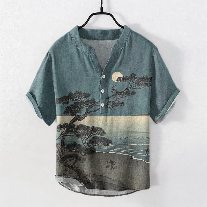 Buddha Stones Cotton Moonlit Coast Pine Pattern Men's Short Sleeve Half Button Shirt - CadetBlue - US/UK/AU50,EU60 (5XL) - image 0