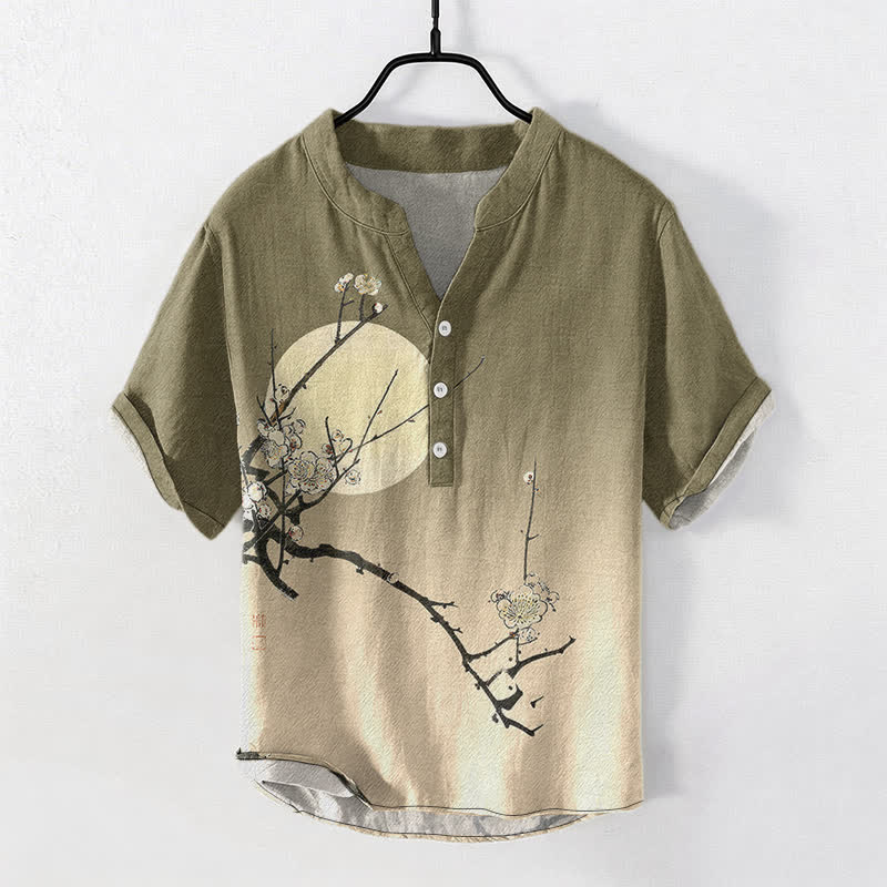 Buddha Stones Cotton Plum Blossom Moon Pattern Men's Short Sleeve Half Button Shirt - Olive - US/UK/AU50,EU60 (5XL) - image 0
