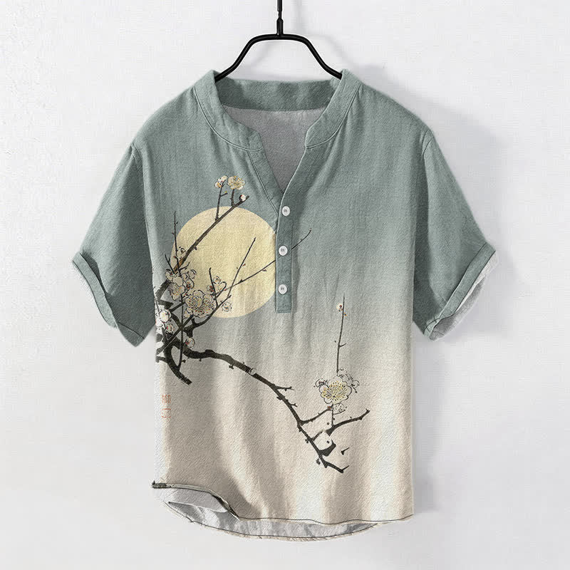 Buddha Stones Cotton Plum Blossom Moon Pattern Men's Short Sleeve Half Button Shirt - CadetBlue - US/UK/AU50,EU60 (5XL) - image 5