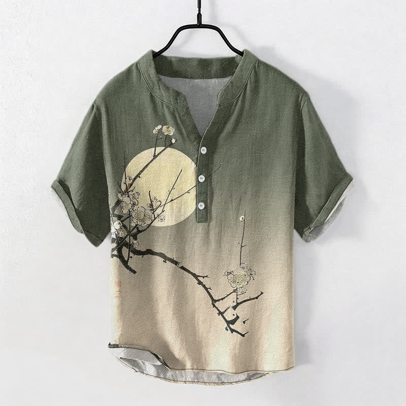 Buddha Stones Cotton Plum Blossom Moon Pattern Men's Short Sleeve Half Button Shirt - DarkOliveGreen - US/UK/AU50,EU60 (5XL) - image 7