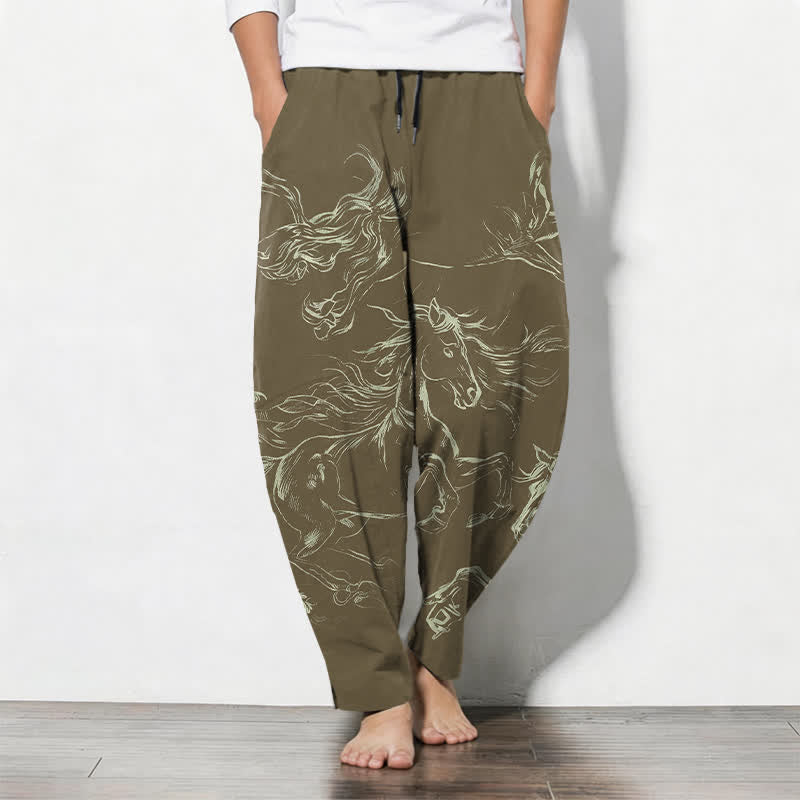 Buddha Stones Pure Cotton Running Horse Line Art Pattern Drawstring Men's Tapered Pants With Pockets - DarkGoldenrod - US/UK/AU50,EU60 (5XL) - image 11