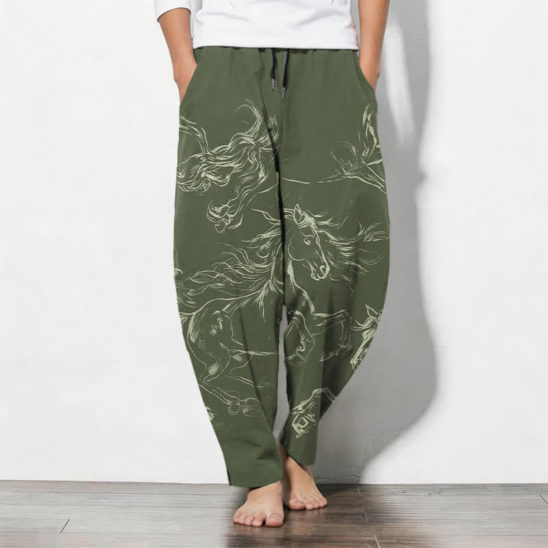 Buddha Stones Pure Cotton Running Horse Line Art Pattern Drawstring Men's Tapered Pants With Pockets - DarkOliveGreen - US/UK/AU50,EU60 (5XL) - image 7