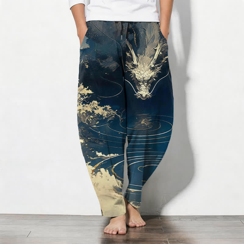 Buddha Stones Pure Cotton Golden Dragon Wave Pattern Drawstring Men's Tapered Pants With Pockets - Navy - US/UK/AU50,EU60 (5XL) - image 0