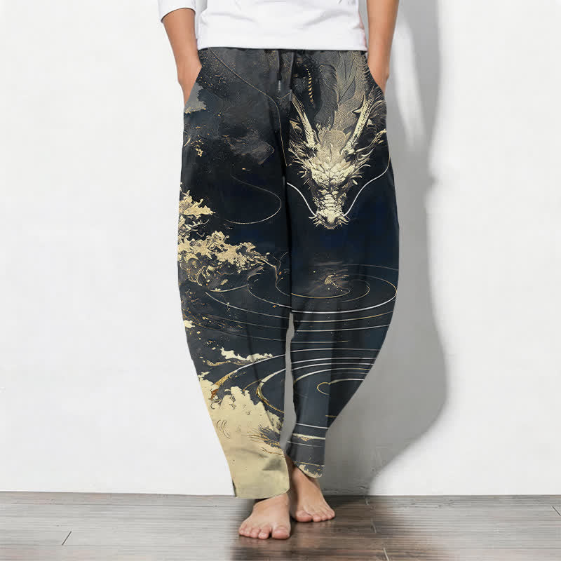Buddha Stones Pure Cotton Golden Dragon Wave Pattern Drawstring Men's Tapered Pants With Pockets - Black - US/UK/AU50,EU60 (5XL) - image 7