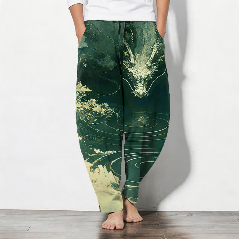 Buddha Stones Pure Cotton Golden Dragon Wave Pattern Drawstring Men's Tapered Pants With Pockets - DarkGreen - US/UK/AU50,EU60 (5XL) - image 11