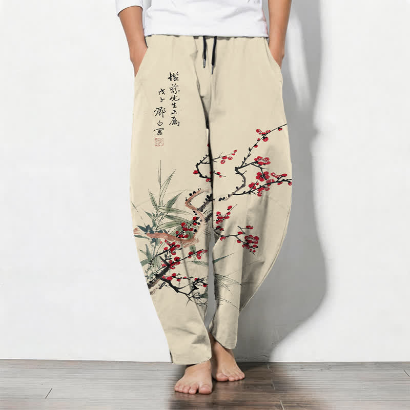 Buddha Stones Pure Cotton Ink Plum Blossom Pattern Drawstring Men's Tapered Pants With Pockets - Beige - US/UK/AU50,EU60 (5XL) - image 0