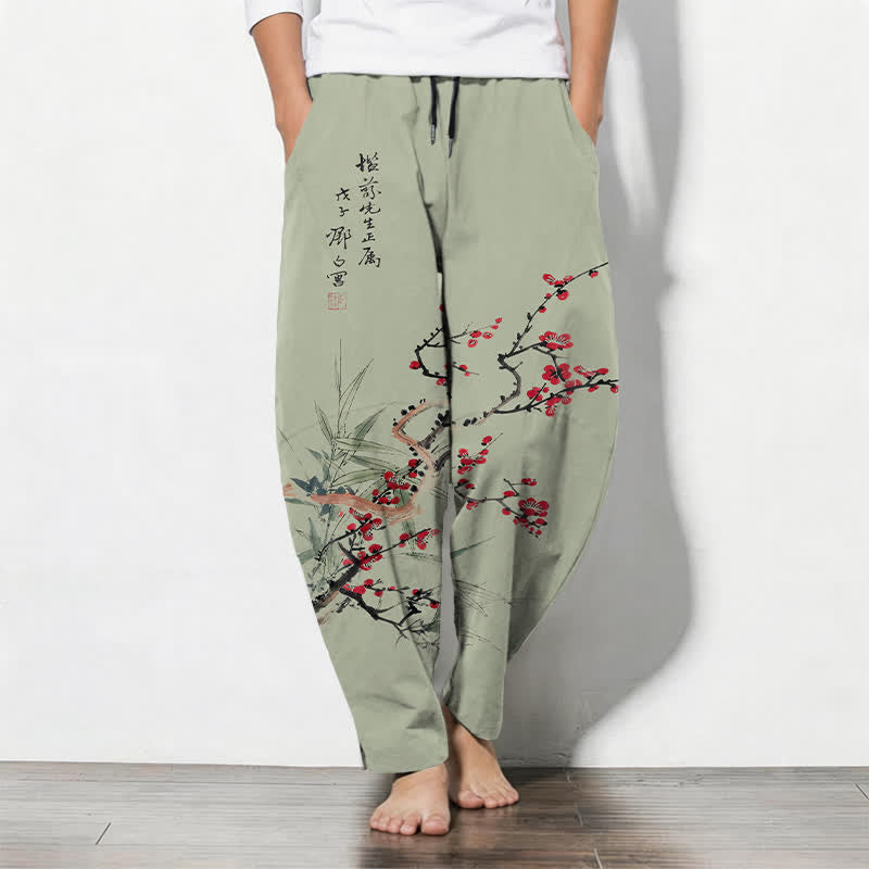 Buddha Stones Pure Cotton Ink Plum Blossom Pattern Drawstring Men's Tapered Pants With Pockets - DarkSeaGreen - US/UK/AU50,EU60 (5XL) - image 7