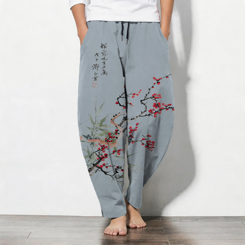 Buddha Stones Pure Cotton Ink Plum Blossom Pattern Drawstring Men's Tapered Pants With Pockets - LightSteelBlue - US/UK/AU50,EU60 (5XL) - image 11