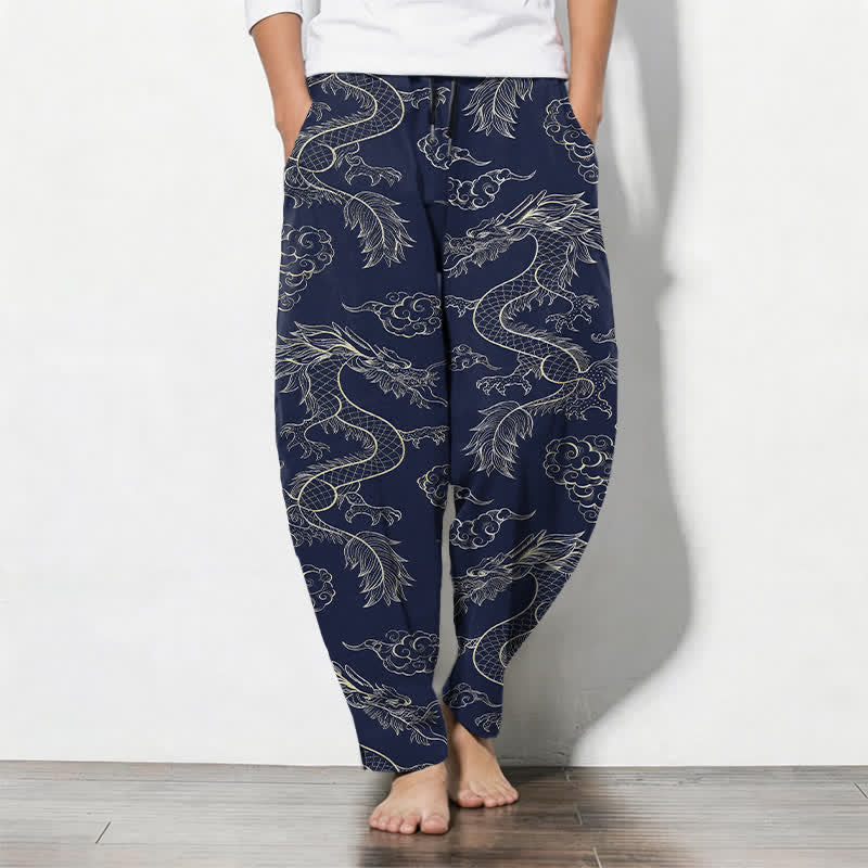 Buddha Stones Pure Cotton Oriental Dragon Cloud Pattern Drawstring Men's Tapered Pants With Pockets - Navy - US/UK/AU50,EU60 (5XL) - image 0