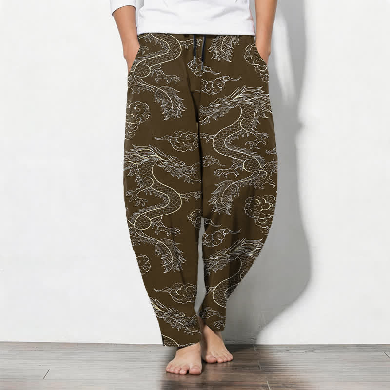 Buddha Stones Pure Cotton Oriental Dragon Cloud Pattern Drawstring Men's Tapered Pants With Pockets - SaddleBrown - US/UK/AU50,EU60 (5XL) - image 11