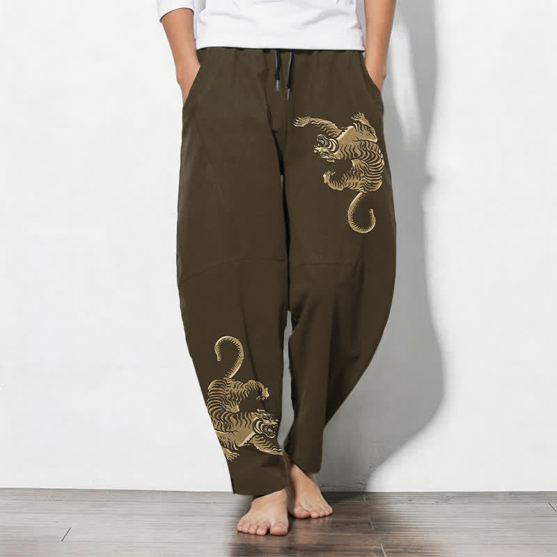 Buddha Stones Pure Cotton Golden Tiger Pattern Drawstring Men's Tapered Pants With Pockets - SaddleBrown - US/UK/AU50,EU60 (5XL) - image 0