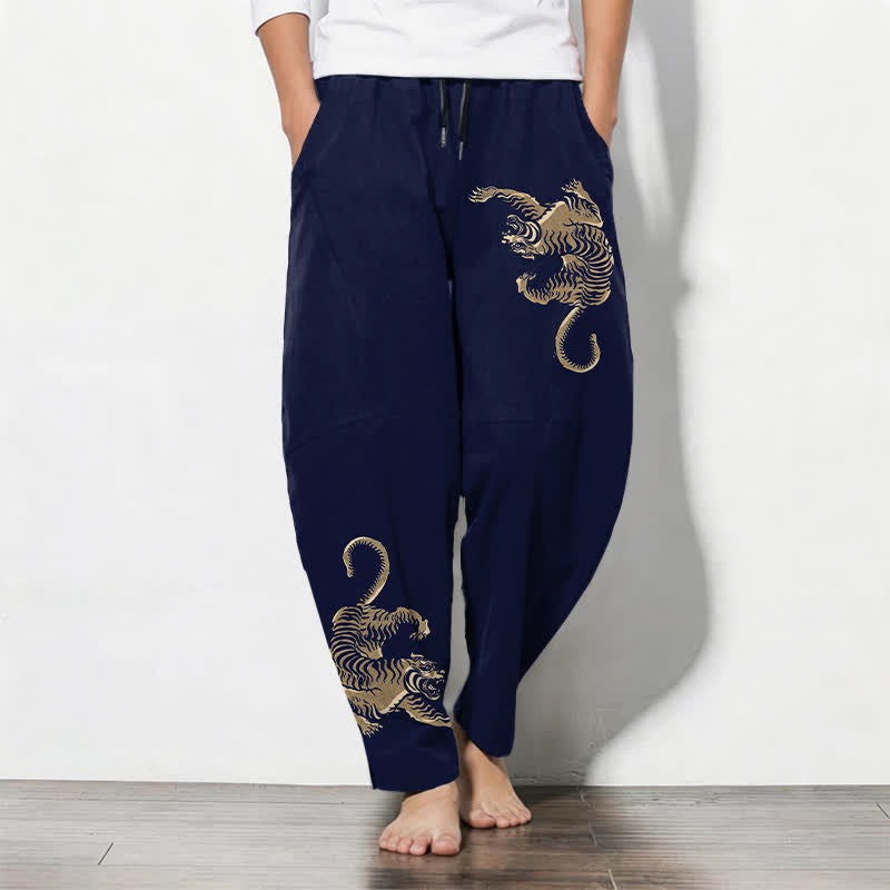 Buddha Stones Pure Cotton Golden Tiger Pattern Drawstring Men's Tapered Pants With Pockets - MidnightBlue - US/UK/AU50,EU60 (5XL) - image 7