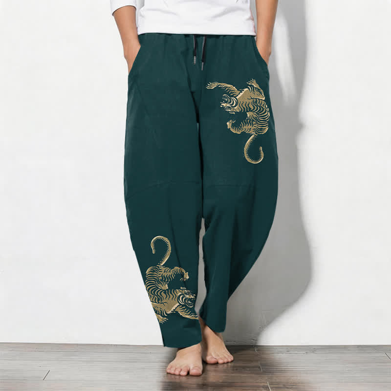 Buddha Stones Pure Cotton Golden Tiger Pattern Drawstring Men's Tapered Pants With Pockets - DarkSlateGray - US/UK/AU50,EU60 (5XL) - image 11