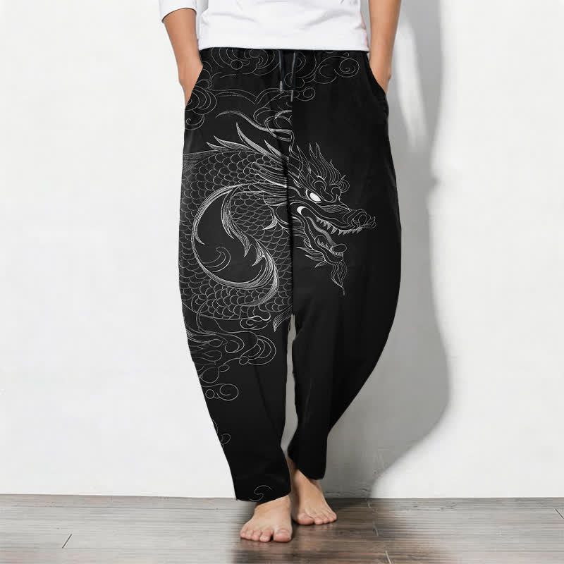 Buddha Stones Pure Cotton Dragon Line Art Pattern Drawstring Men's Tapered Pants With Pockets - Black - US/UK/AU50,EU60 (5XL) - image 0