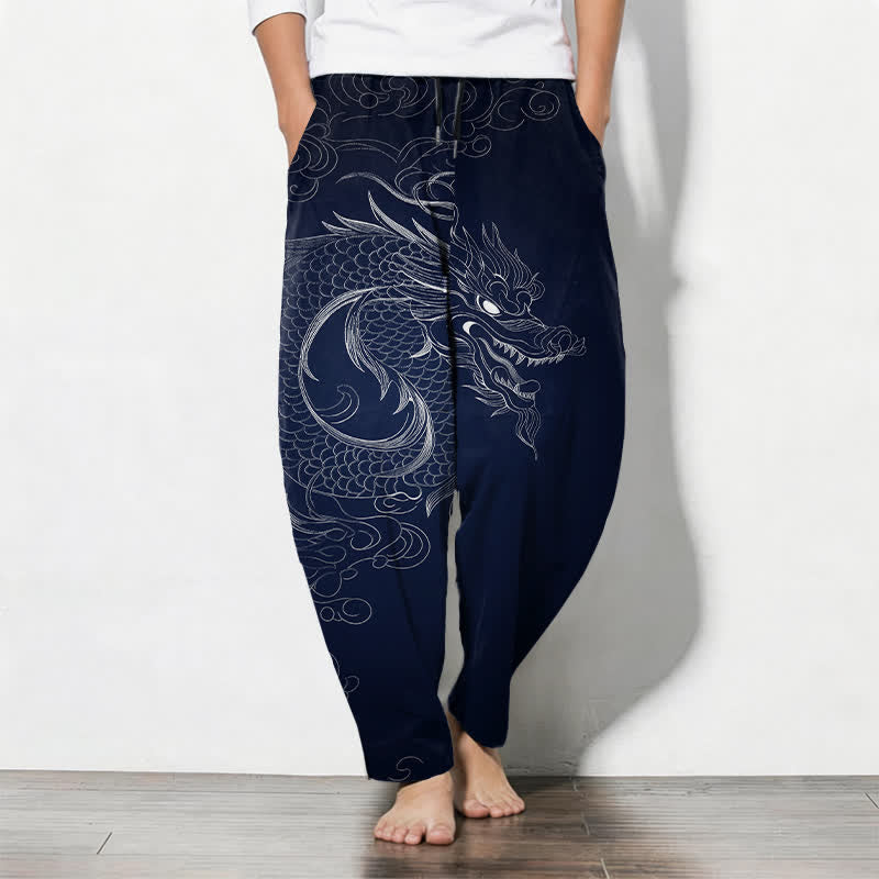 Buddha Stones Pure Cotton Dragon Line Art Pattern Drawstring Men's Tapered Pants With Pockets - Navy - US/UK/AU50,EU60 (5XL) - image 7