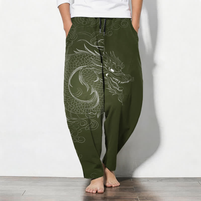 Buddha Stones Pure Cotton Dragon Line Art Pattern Drawstring Men's Tapered Pants With Pockets - DarkOliveGreen - US/UK/AU50,EU60 (5XL) - image 11