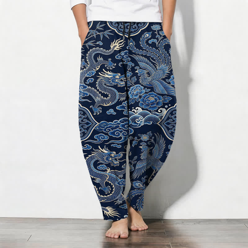 Buddha Stones Pure Cotton Azure Dragon Cloud Pattern Drawstring Men's Tapered Pants With Pockets - Navy - US/UK/AU50,EU60 (5XL) - image 0