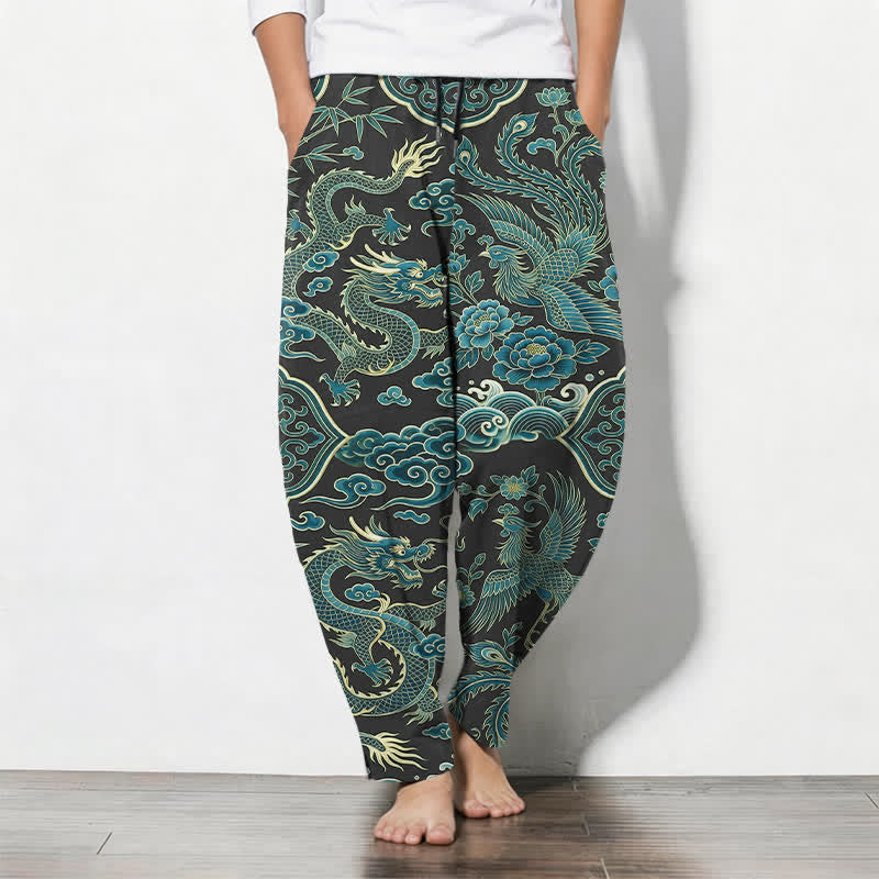 Buddha Stones Pure Cotton Azure Dragon Cloud Pattern Drawstring Men's Tapered Pants With Pockets - SeaGreen - US/UK/AU50,EU60 (5XL) - image 11