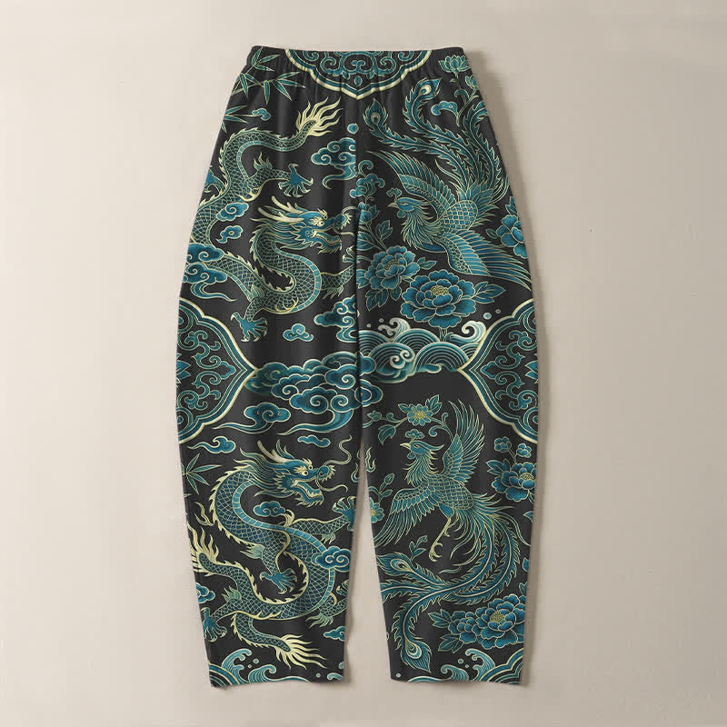 Buddha Stones Pure Cotton Azure Dragon Cloud Pattern Drawstring Men's Tapered Pants With Pockets - image 14