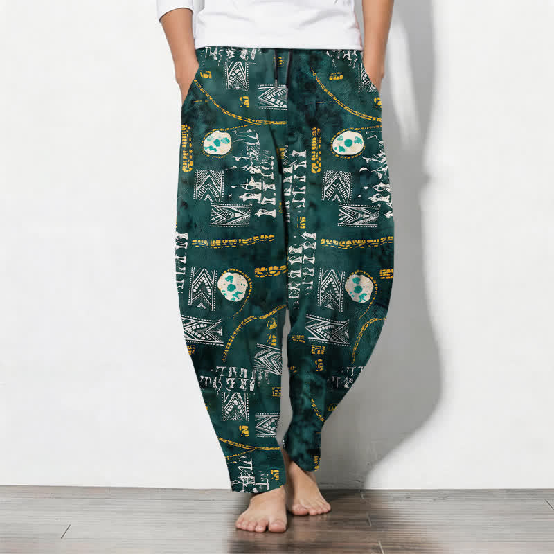 Buddha Stones Pure Cotton Boho Geometric Medallion Pattern Drawstring Men's Tapered Pants With Pockets - SeaGreen - US/UK/AU50,EU60 (5XL) - image 0