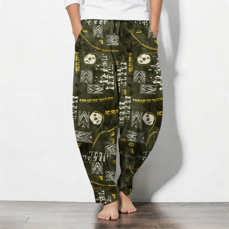 Buddha Stones Pure Cotton Boho Geometric Medallion Pattern Drawstring Men's Tapered Pants With Pockets - DarkOliveGreen - US/UK/AU50,EU60 (5XL) - image 7