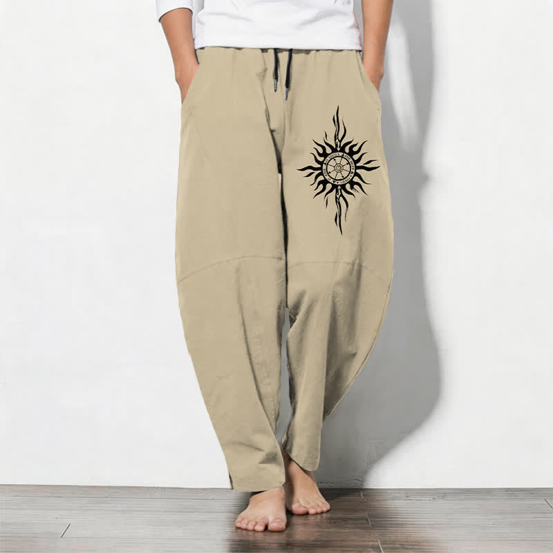 Buddha Stones Pure Cotton Tribal Sun Pattern Drawstring Men's Tapered Pants With Pockets - PaleGoldenrod - US/UK/AU50,EU60 (5XL) - image 0